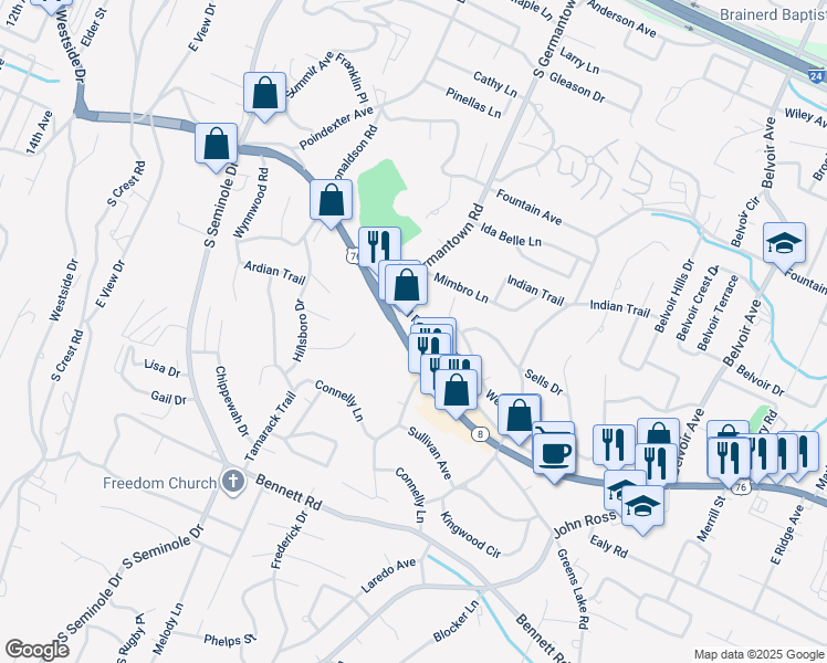 map of restaurants, bars, coffee shops, grocery stores, and more near 3615 Ringgold Road in Chattanooga