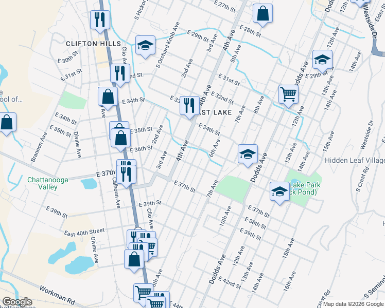 map of restaurants, bars, coffee shops, grocery stores, and more near 3509 5th Avenue in Chattanooga