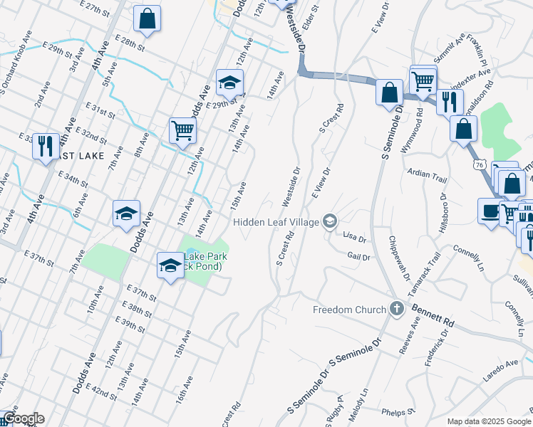 map of restaurants, bars, coffee shops, grocery stores, and more near 3332 Roadrunner Trail in Chattanooga