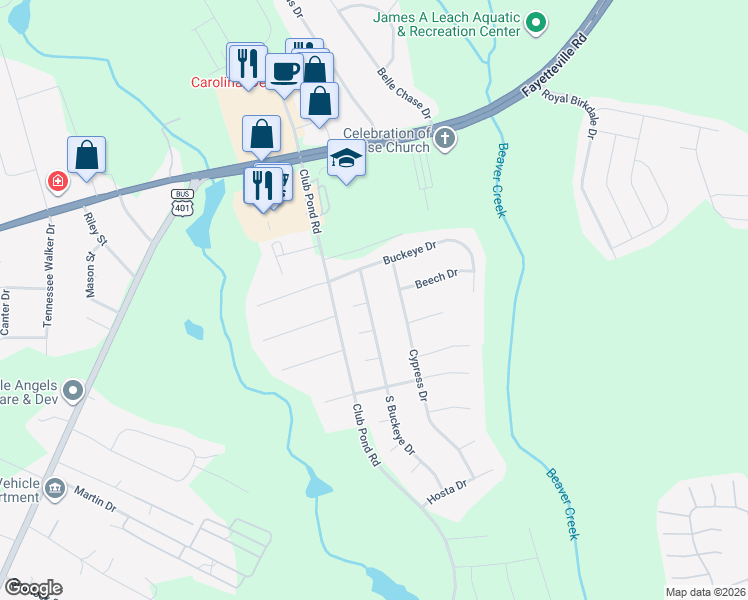 map of restaurants, bars, coffee shops, grocery stores, and more near 806 S Buckeye Dr in Raeford