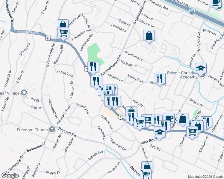 map of restaurants, bars, coffee shops, grocery stores, and more near 3612 Weldon Drive in Chattanooga