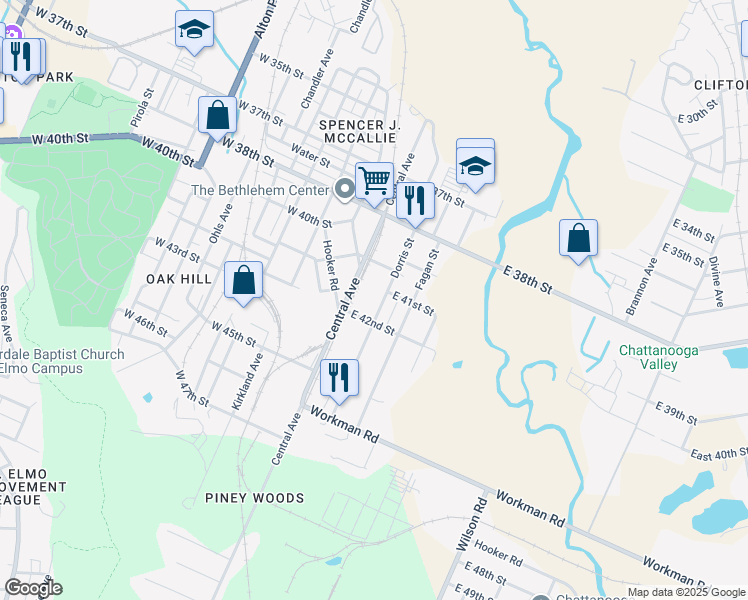 map of restaurants, bars, coffee shops, grocery stores, and more near 4113 Dorris Street in Chattanooga