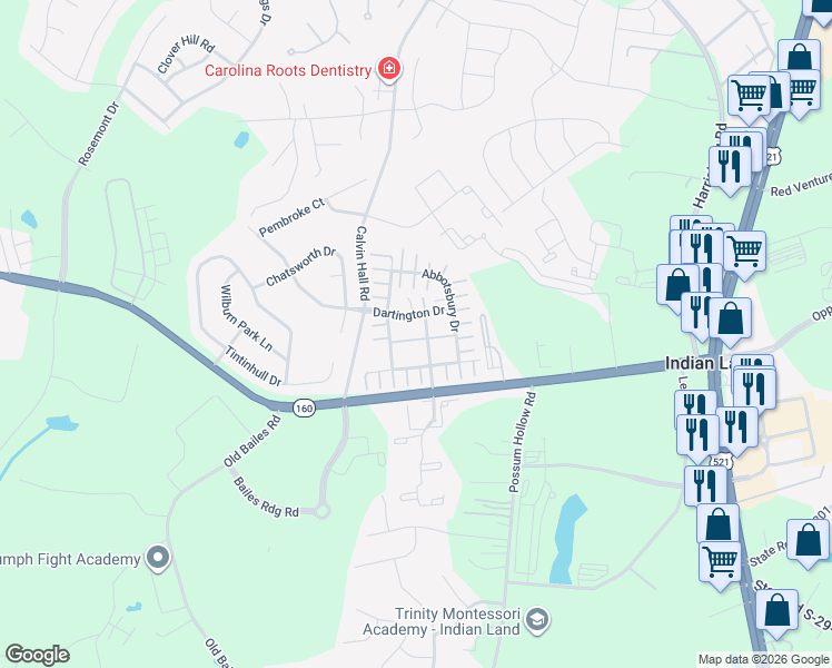 map of restaurants, bars, coffee shops, grocery stores, and more near 6349 Rhodins Lane in Indian Land