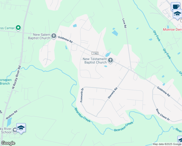 map of restaurants, bars, coffee shops, grocery stores, and more near 2714 Gusty Lane in Monroe