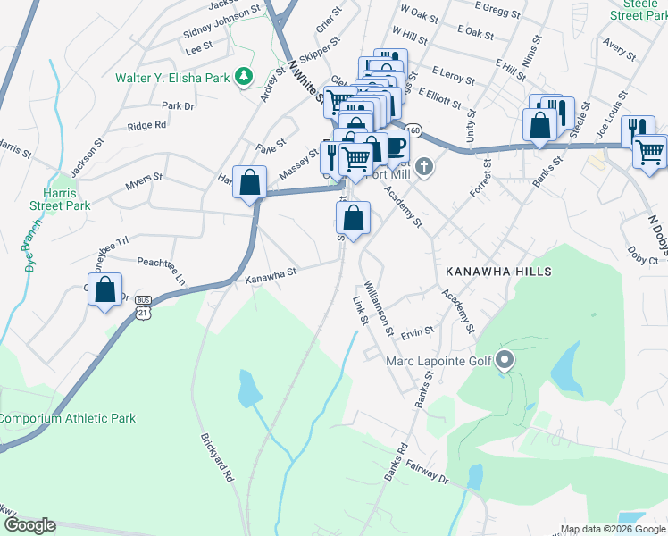 map of restaurants, bars, coffee shops, grocery stores, and more near 103 Kanawha St in Fort Mill