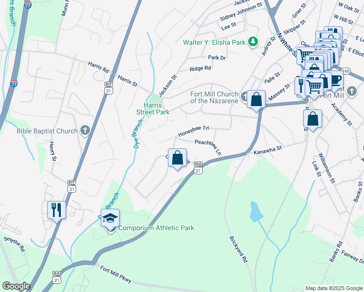 map of restaurants, bars, coffee shops, grocery stores, and more near 1041 Peachtree Lane in Fort Mill