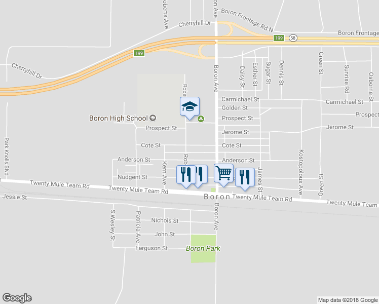 map of restaurants, bars, coffee shops, grocery stores, and more near 12236 Roberts Avenue in Boron