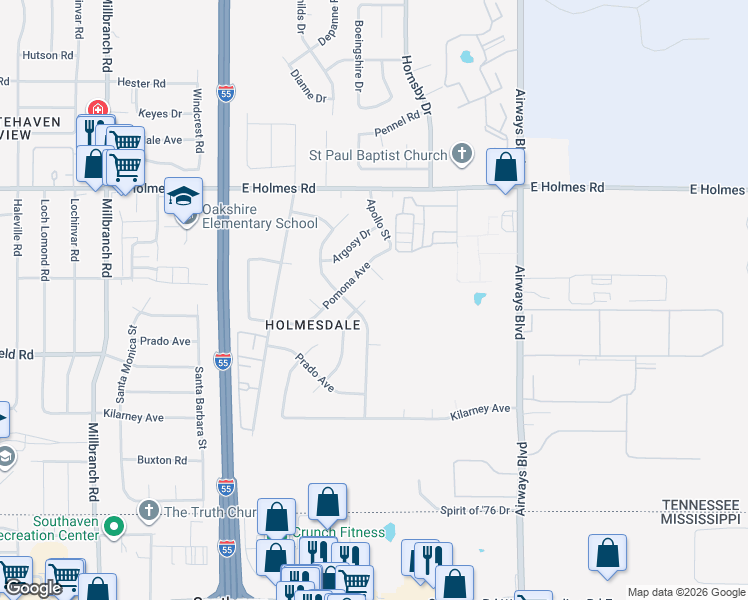 map of restaurants, bars, coffee shops, grocery stores, and more near 5340 Hebron Drive in Memphis