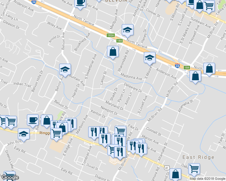 map of restaurants, bars, coffee shops, grocery stores, and more near 707 Shady Drive in Chattanooga