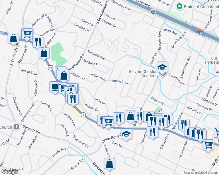 map of restaurants, bars, coffee shops, grocery stores, and more near 917 Mount Belvoir Drive in Chattanooga
