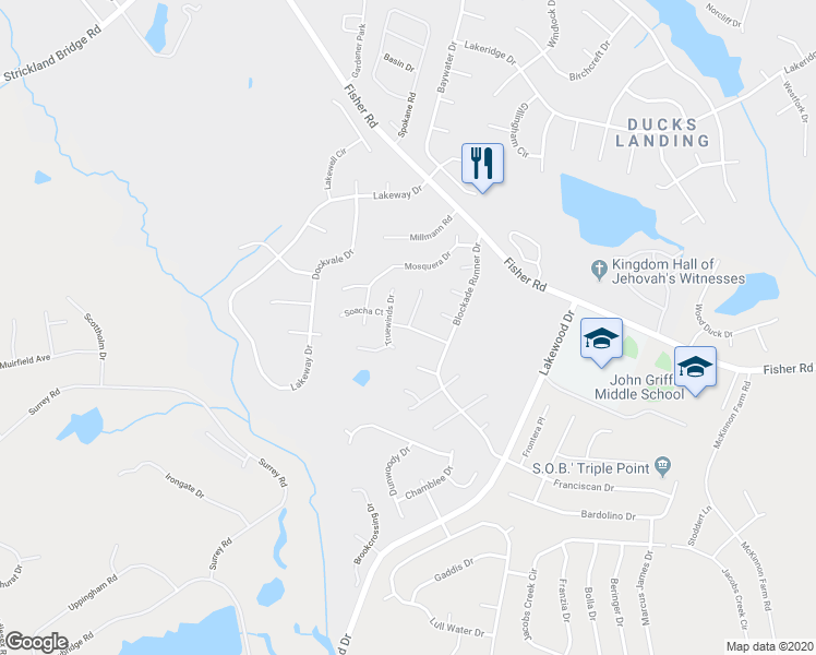 map of restaurants, bars, coffee shops, grocery stores, and more near 2804 Deepwater Court in Fayetteville