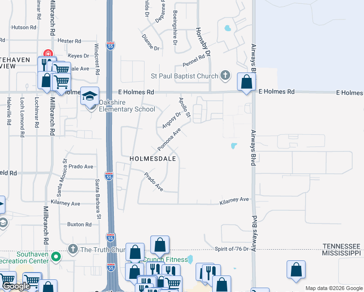 map of restaurants, bars, coffee shops, grocery stores, and more near 5340 Hebron Drive in Memphis