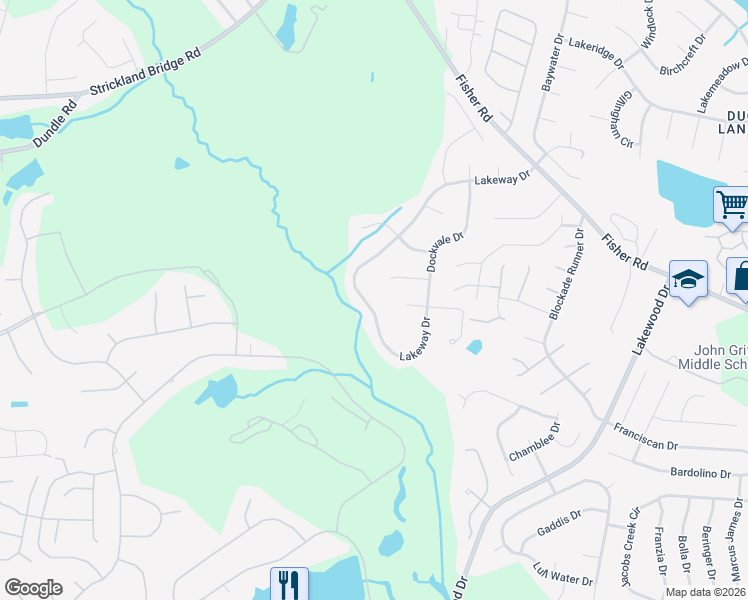 map of restaurants, bars, coffee shops, grocery stores, and more near 6153 Lakeway Drive in Fayetteville