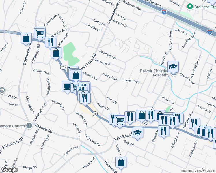 map of restaurants, bars, coffee shops, grocery stores, and more near 921 McHann Drive in Chattanooga