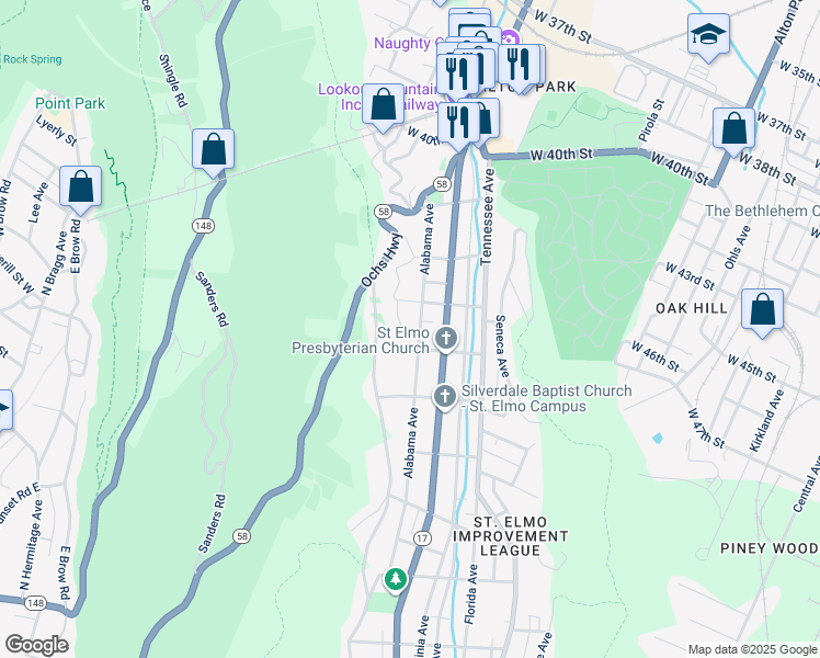 map of restaurants, bars, coffee shops, grocery stores, and more near 4311 Alabama Ave in Chattanooga
