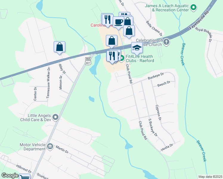 map of restaurants, bars, coffee shops, grocery stores, and more near 232 Bahia Lane in Raeford