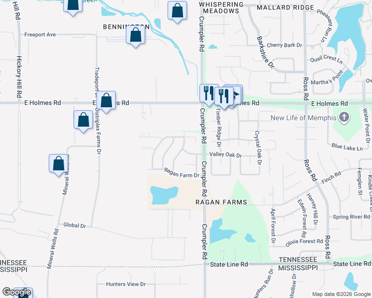 map of restaurants, bars, coffee shops, grocery stores, and more near 6390 Valley Oak Drive in Memphis