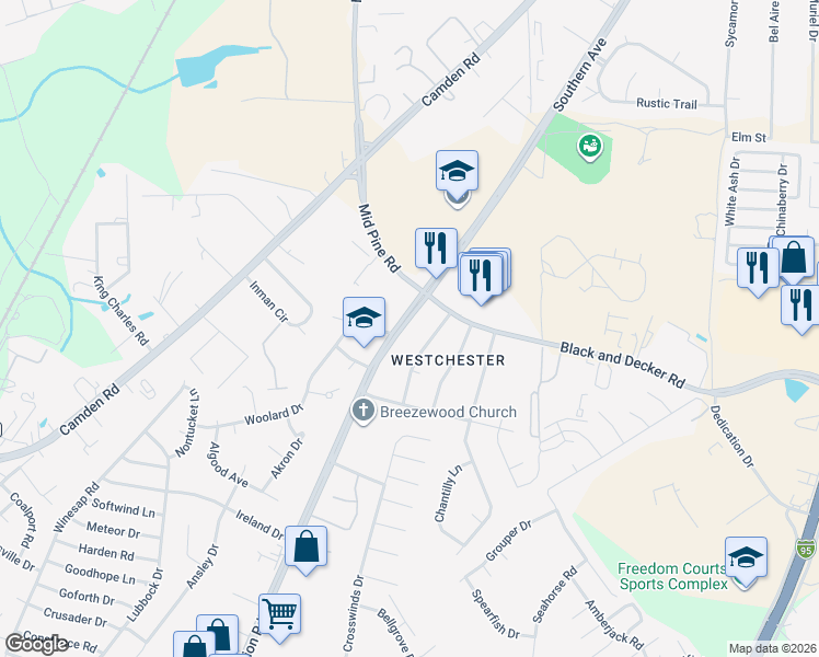 map of restaurants, bars, coffee shops, grocery stores, and more near 3145 State Road 1132 in Hope Mills