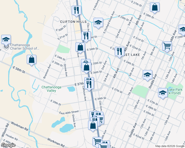 map of restaurants, bars, coffee shops, grocery stores, and more near 3601 Clio Avenue in Chattanooga