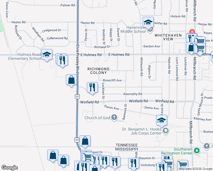 map of restaurants, bars, coffee shops, grocery stores, and more near 1290 Mary Jane Avenue in Memphis