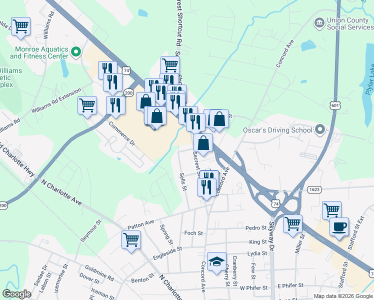 map of restaurants, bars, coffee shops, grocery stores, and more near 1717 Secrest Short Cut Road in Monroe