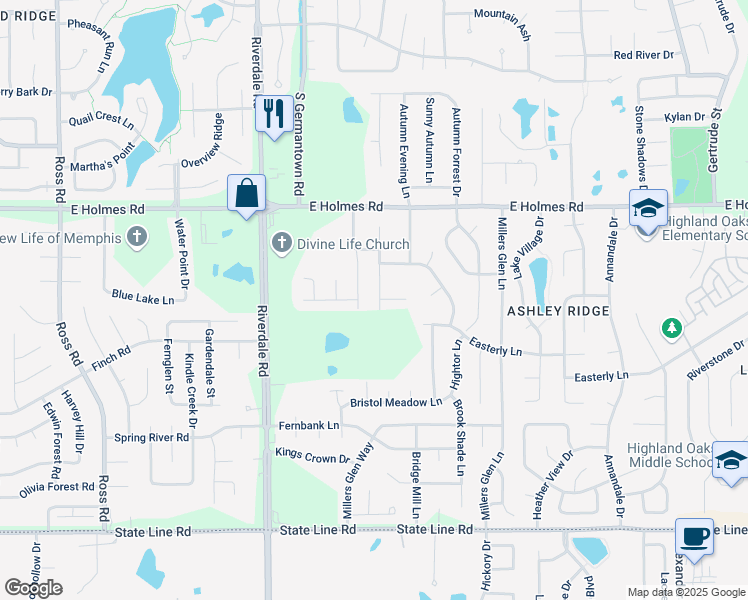 map of restaurants, bars, coffee shops, grocery stores, and more near 5349 Silver Stone Drive in Memphis