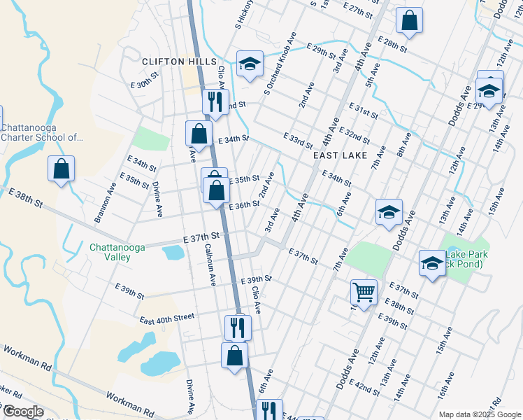map of restaurants, bars, coffee shops, grocery stores, and more near 3602 2nd Avenue in Chattanooga
