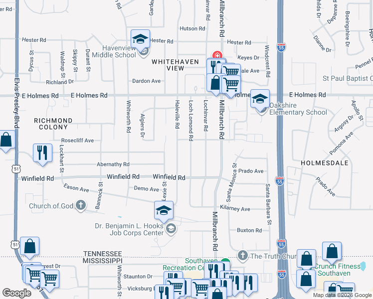 map of restaurants, bars, coffee shops, grocery stores, and more near 5341 Loch Lomond Road in Memphis