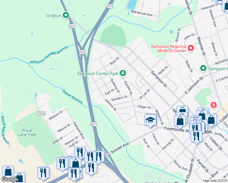 map of restaurants, bars, coffee shops, grocery stores, and more near 712 Earl Street in Clinton