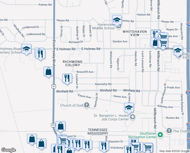 map of restaurants, bars, coffee shops, grocery stores, and more near 1366 Mary Jane Avenue in Memphis