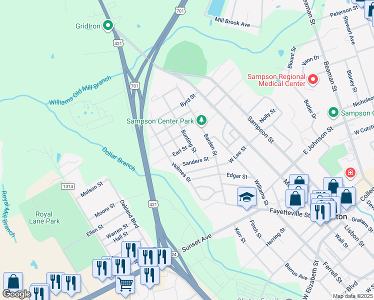 map of restaurants, bars, coffee shops, grocery stores, and more near 712 Earl Street in Clinton