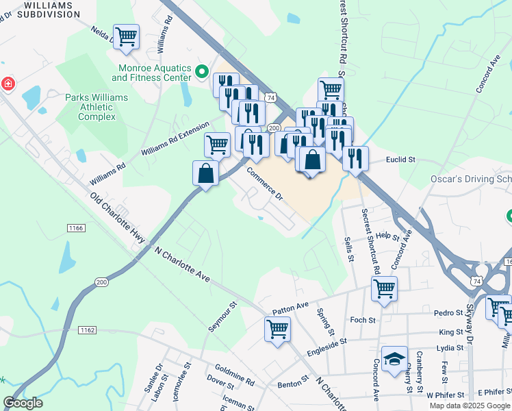 map of restaurants, bars, coffee shops, grocery stores, and more near 2163 Commerce Drive in Monroe