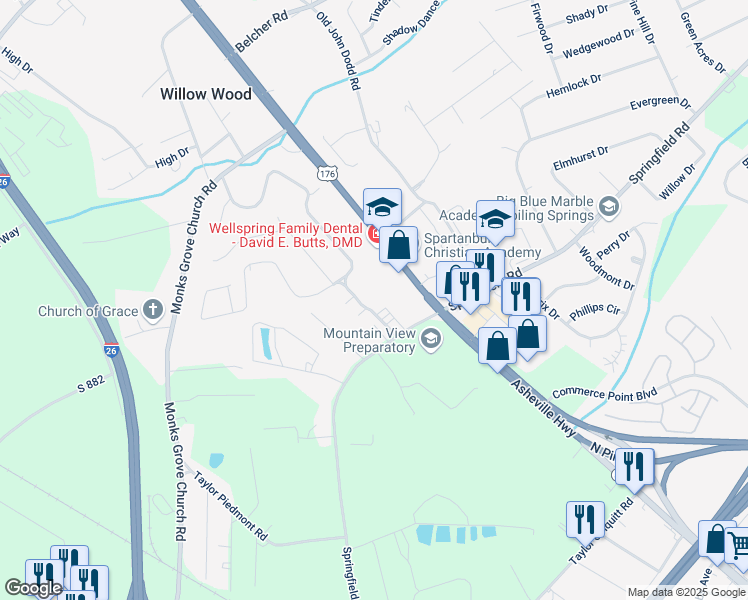map of restaurants, bars, coffee shops, grocery stores, and more near 108 State Road S-42-7449 in Spartanburg