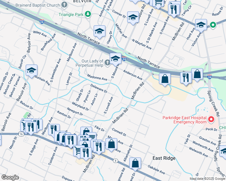 map of restaurants, bars, coffee shops, grocery stores, and more near 4905 Delaware Drive in Chattanooga