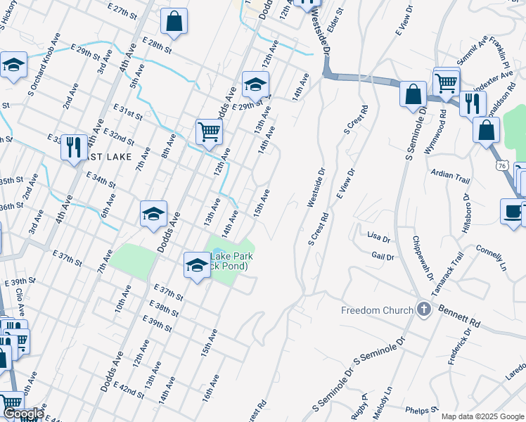 map of restaurants, bars, coffee shops, grocery stores, and more near 3128 15th Avenue in Chattanooga