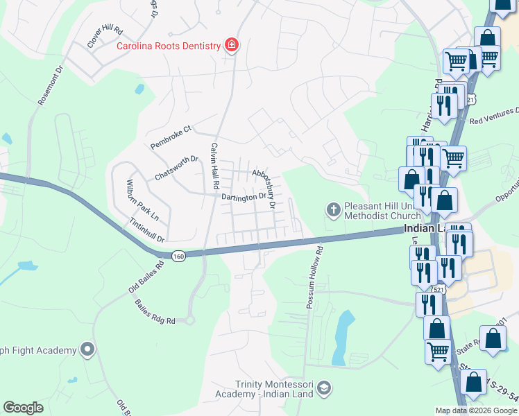 map of restaurants, bars, coffee shops, grocery stores, and more near 6349 Rhodins Lane in Indian Land