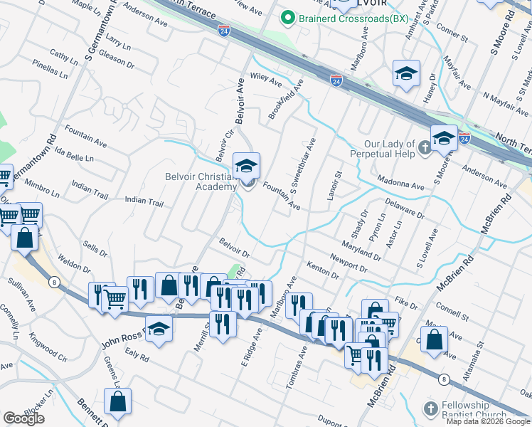 map of restaurants, bars, coffee shops, grocery stores, and more near 711 Hardin Drive in Chattanooga