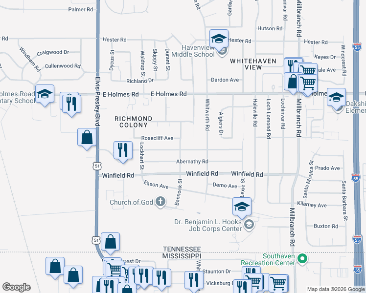 map of restaurants, bars, coffee shops, grocery stores, and more near 1382 Mary Jane Avenue in Memphis
