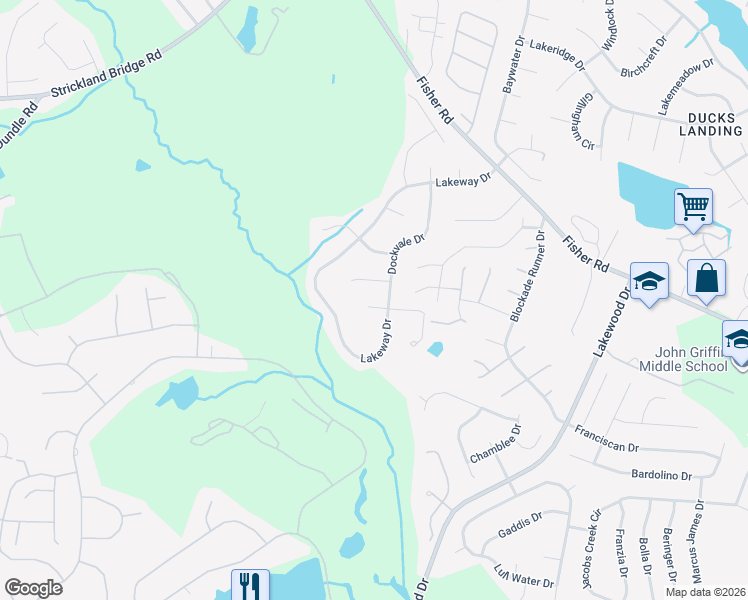 map of restaurants, bars, coffee shops, grocery stores, and more near 2495 Lakeheath Court in Fayetteville