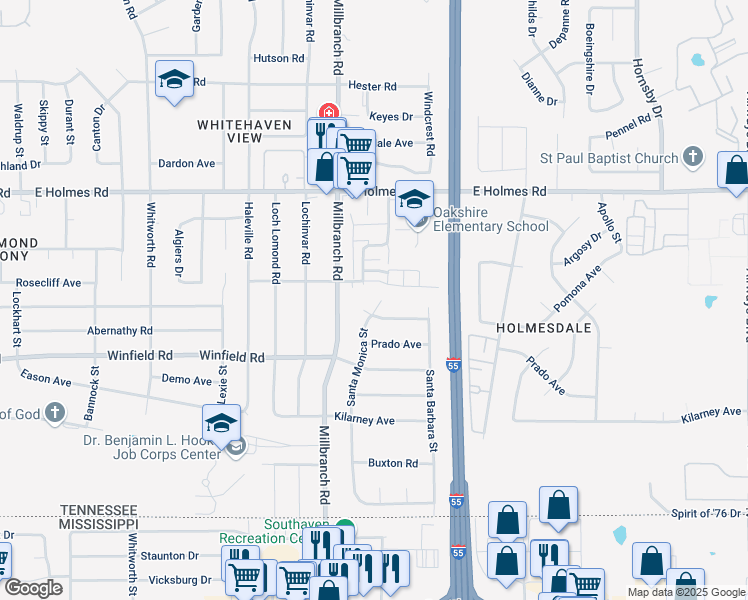 map of restaurants, bars, coffee shops, grocery stores, and more near 5343 Santa Monica Street in Memphis