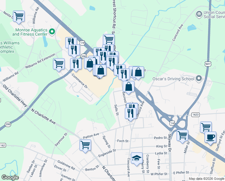 map of restaurants, bars, coffee shops, grocery stores, and more near 1721 Sells Street in Monroe