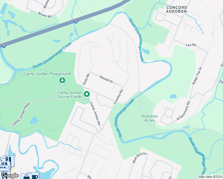 map of restaurants, bars, coffee shops, grocery stores, and more near 219 Edwina Court in East Ridge