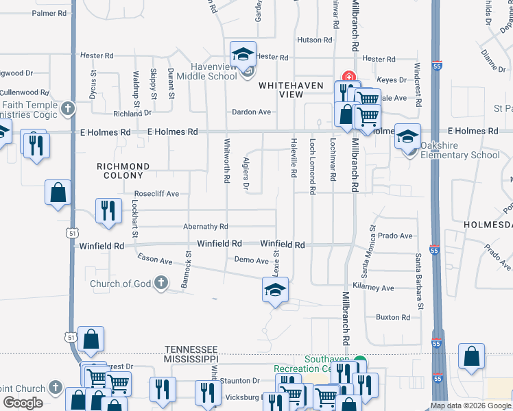 map of restaurants, bars, coffee shops, grocery stores, and more near 1508 Mary Jane Avenue in Memphis