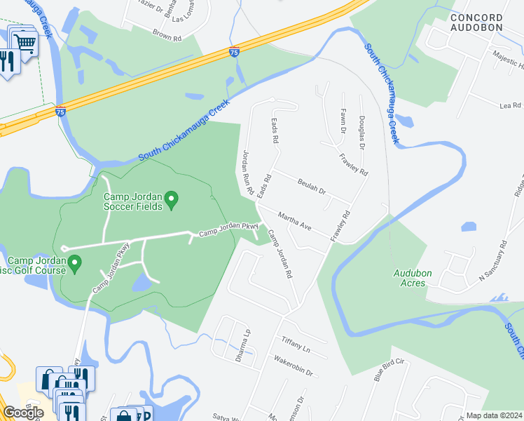 map of restaurants, bars, coffee shops, grocery stores, and more near 6802 Martha Avenue in Chattanooga