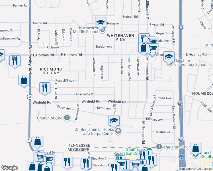 map of restaurants, bars, coffee shops, grocery stores, and more near 1502 Mary Jane Avenue in Memphis