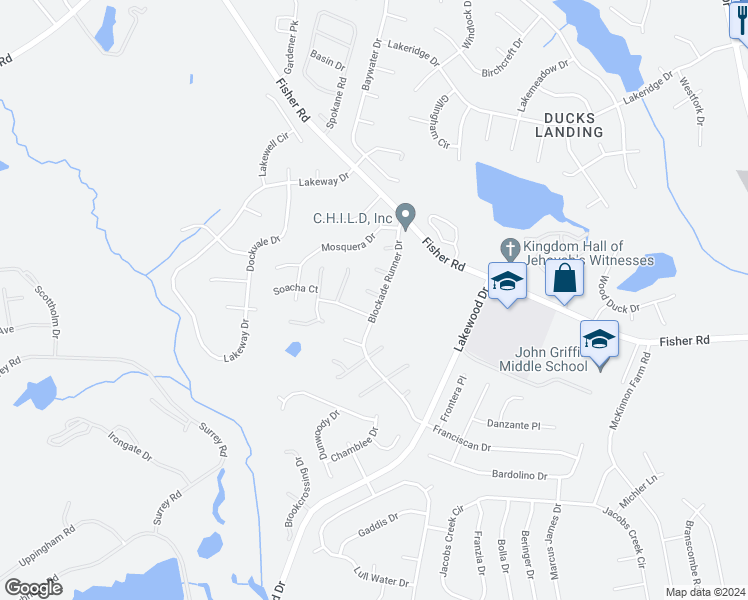 map of restaurants, bars, coffee shops, grocery stores, and more near 2806 Blockade Runner Drive in Fayetteville