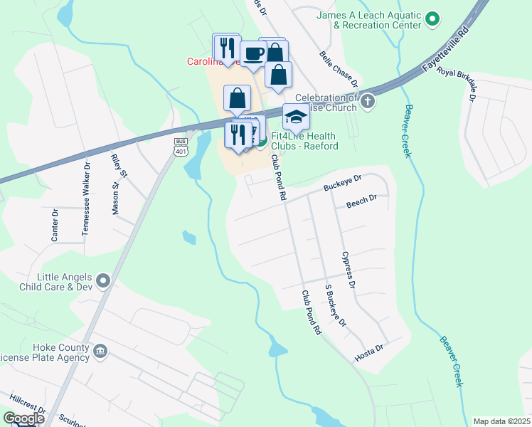 map of restaurants, bars, coffee shops, grocery stores, and more near 159 Bahia Lane in Raeford