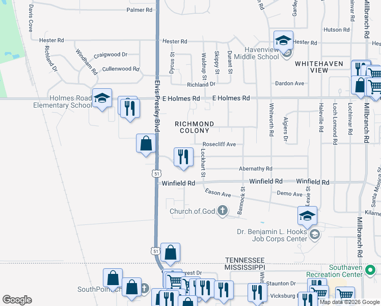 map of restaurants, bars, coffee shops, grocery stores, and more near 1252 Mary Jane Avenue in Memphis