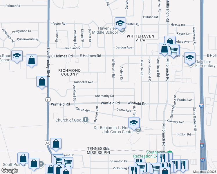 map of restaurants, bars, coffee shops, grocery stores, and more near 1422 Mary Jane Avenue in Memphis
