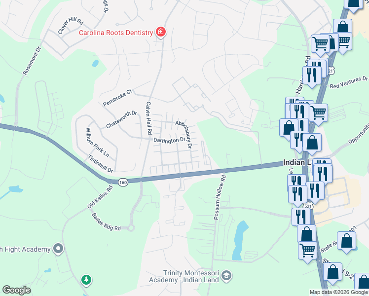 map of restaurants, bars, coffee shops, grocery stores, and more near 6349 Rhodins Lane in Indian Land
